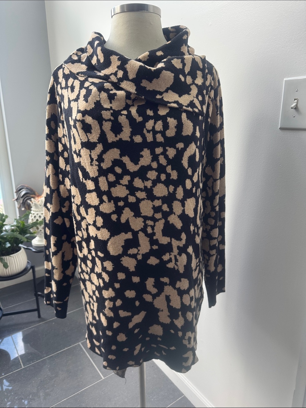 Lane Bryant Cowl Neck Animal Print Sweater Tunic in Black and Tan